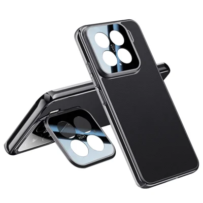 For Xiaomi 15 Case with Lens Guard Kickstand Anti Drop TPU+PU Phone Back Cover - Black