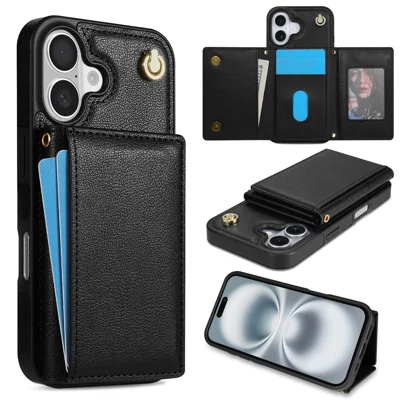 BKS-003 For iPhone 16 Case Tri-Fold Card Holder Kickstand TPU+Leather Back Cover with Shoulder Strap - Black