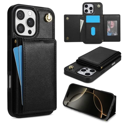BKS-003 For iPhone 16 Pro Case Tri-Fold Card Holder Kickstand TPU+Leather Back Cover with Shoulder Strap - Black