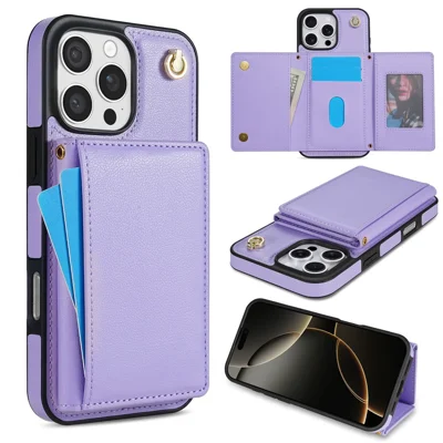 BKS-003 For iPhone 16 Pro Case Tri-Fold Card Holder Kickstand TPU+Leather Back Cover with Shoulder Strap - Purple