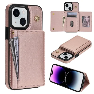 BKS-003 For iPhone 15 Case Tri-Fold Card Holder Kickstand TPU+Leather Back Cover with Shoulder Strap - Pink