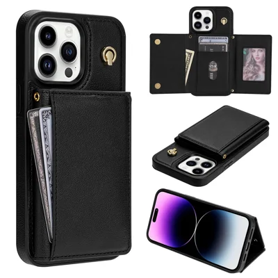 BKS-003 For iPhone 15 Pro Case Tri-Fold Card Holder Kickstand TPU+Leather Back Cover with Shoulder Strap - Black