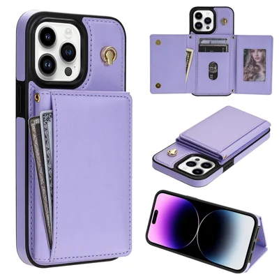 BKS-003 For iPhone 15 Pro Case Tri-Fold Card Holder Kickstand TPU+Leather Back Cover with Shoulder Strap - Purple