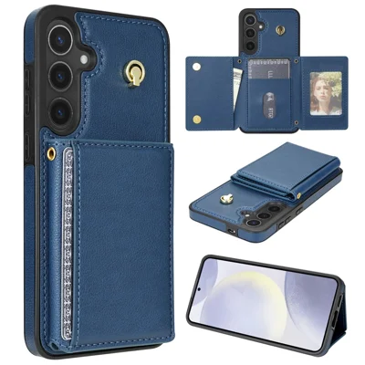 For Samsung Galaxy S24 FE Case Tri-Fold Card Holder Kickstand TPU+Leather Back Cover with Shoulder Strap - Blue
