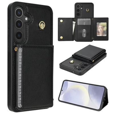 Voor Samsung Galaxy A16 4G / 5G Hoesje Tri-fold Kaarthouder met Steun en TPU+Lederen Achterkant met Schouderband - Zwart