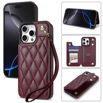 For iPhone 15 Pro Case with Wrist Strap Card Slots Rhombus Leather+TPU Phone Cover - Wine Red