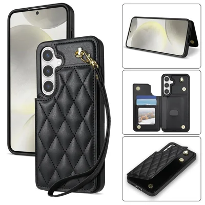 For Samsung Galaxy S24 FE Case with Wrist Strap Card Slots Rhombus Leather+TPU Phone Cover - Black