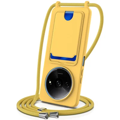 Liquid Silicone Case For Xiaomi Redmi A3 4G  /  A3x 4G  /  Poco C61 4G Card Holder Back Phone Cover with Lanyard - Yellow