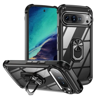 For Google Pixel 9 Pro  /  Pixel 9 Case Alloy Lens Frame PC + TPU Kickstand Phone Back Cover - Black
