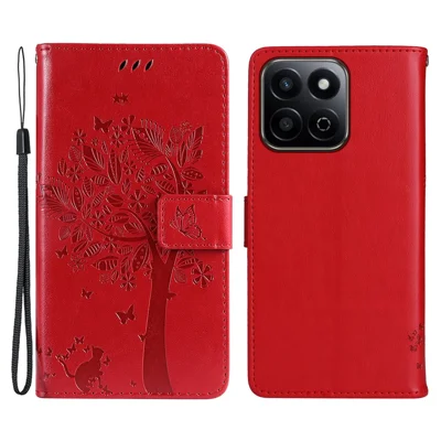 For Honor Play 60 Plus 5G / Play 9T / X7c 4G / 200 Smart 5G Phone Case with Stand Cat Tree Pattern Leather Wallet Mobile Cover  - Red