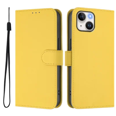 For iPhone 15 Case Solid Color Wallet Leather Phone Cover with Strap - Lemon
