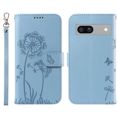 For Google Pixel 7a Leather Case Wallet Phone Cover Dandelion Imprint - Sky Blue