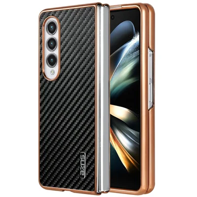 AZNS For Samsung Galaxy Z Fold4 5G Case Electroplating Carbon Fiber Texture PU+TPU Phone Cover - Black