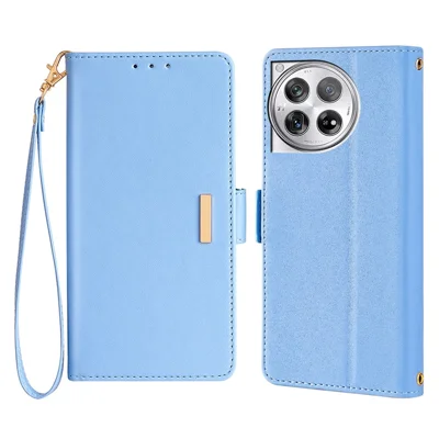 For OnePlus 12 5G Leather Wallet Case RFID Blocking Stand Cover with Hand Strap - Blue