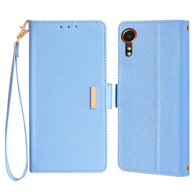 For Samsung Galaxy Xcover7 Leather Wallet Case RFID Blocking Stand Cover with Hand Strap - Blue