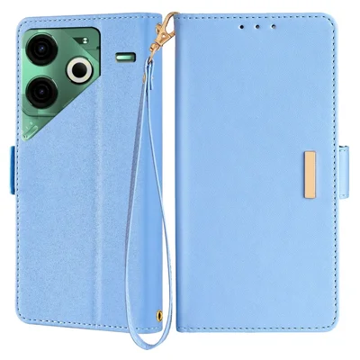 For TECNO Pova 6 Neo Leather Wallet Case RFID Blocking Stand Cover with Hand Strap - Blue
