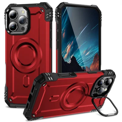 For iPhone 16 Pro Max Case Compatible with MagSafe Metal Lens Frame Kickstand PC+TPU Mobile Cover - Red