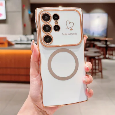For Samsung Galaxy S25 Ultra Magnetic Case Electroplating Curly Frame TPU Phone Cover Large Window - Ivory White
