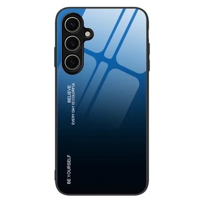 Voor Samsung Galaxy S25 hoesje met gradatiekleur, gehard glas + TPU telefoonhoesje - Blauw/Zwart