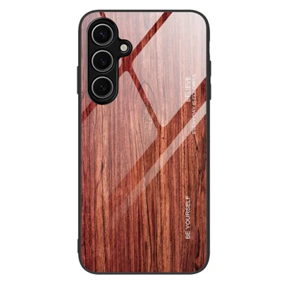 For Samsung Galaxy S25 Case TPU+Tempered Glass Back Phone Cover Wood Texture - Wine Red