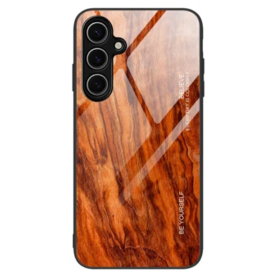 For Samsung Galaxy S25+ Case TPU+Tempered Glass Back Phone Cover Wood Texture - Orange