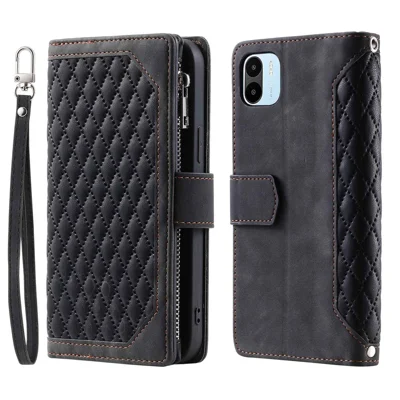 Shockproof Phone Case For Xiaomi Redmi A1 4G, 005 Style Magnetic Handbag Rhombus Imprinted Zipper Pocket Flip Leather Wallet Stand Cover with Wrist Strap - Black