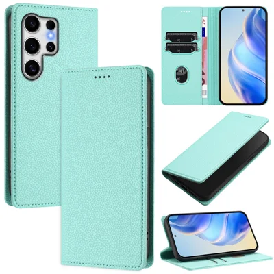 Plånboksfodral för Samsung Galaxy S25 Ultra med RFID-skydd, litchi-strukturerat läder, mobilskal - mintgrön