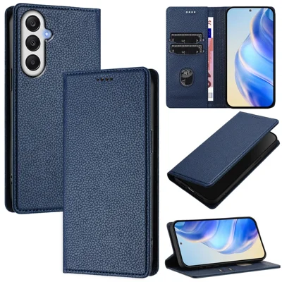 For Samsung Galaxy A35 5G Wallet Case RFID Blocking Litchi Texture Leather Mobile Cover - Dark Blue