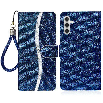 For Samsung Galaxy S23 FE Case PU Leather Wallet Card Slots Glitter Phone Cover - Blue
