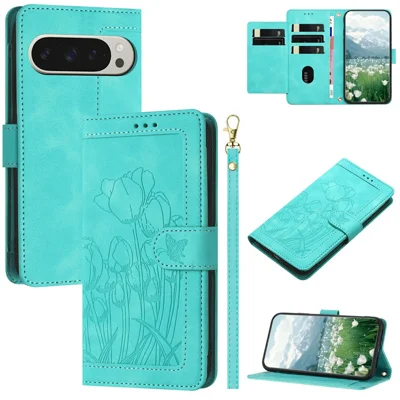 For Google Pixel 9 Pro XL Case Tulip Leather Phone Cover with 5 Card Slots Wallet - Green