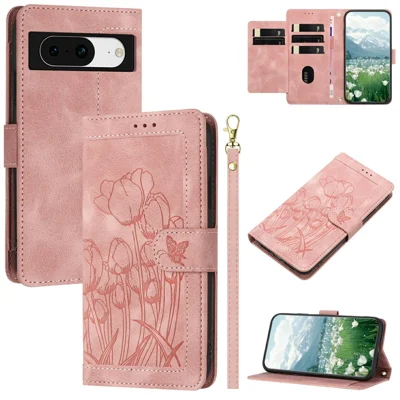 For Google Pixel 8a Case Tulip Leather Phone Cover with 5 Card Slots Wallet - Pink