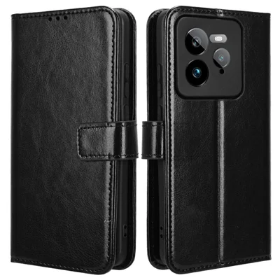 For Realme GT 7 Pro 5G Case Crazy Horse Texture PU Leather Phone Wallet Cover - Black