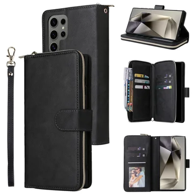 For Samsung Galaxy S25 Ultra Case Zipper Pocket PU Leather Phone Cover with Hand Strap - Black