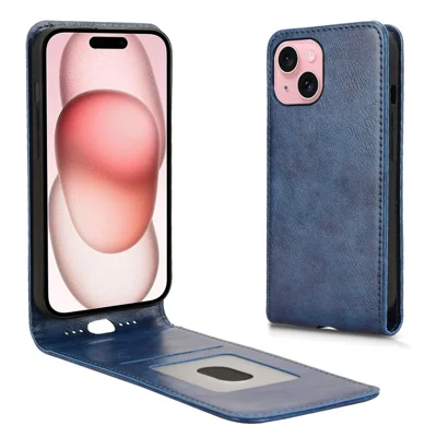 Voor iPhone 15 Plus hoesje met kaartsleuf magnetisch verticaal openend lederen telefoonhoesje - donkerblauw
