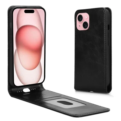 Voor iPhone 15 hoesje met kaartsleuf magnetische verticale flip lederen telefoonhoes - Zwart