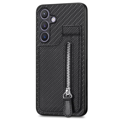 Voor Samsung Galaxy S25 Hoesje Leren Telefoonhoes met Ritskaarthouder en Steun - Zwart
