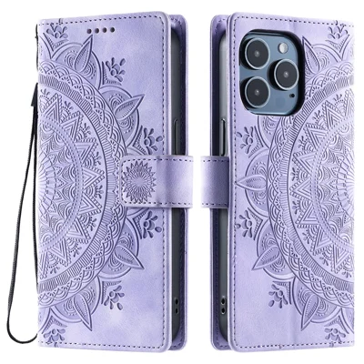 Style 018 For iPhone 15 Pro Max Case Imprinted Totem Skin Feel Wallet Leather Phone Cover - Purple