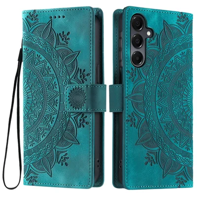 Style 018 For Samsung Galaxy A15 5G  /  4G Case Imprinted Totem Skin Feel Wallet Leather Phone Cover - Mint Green