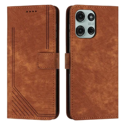 Voor Motorola Moto G75 5G Hoesje Met Ingepreste Lijnen Leren Telefoonhoesje met Vouwstandaard - Bruin