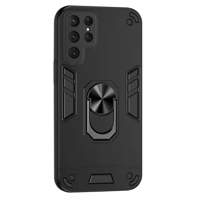 For Samsung Galaxy S25 Ultra Case PC+TPU Drop Defend Phone Cover with Ring Kickstand - Black