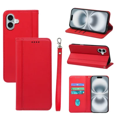 HX01 For iPhone 16 Plus Wallet Case Magnetic Closing PU Leather Phone Cover - Red
