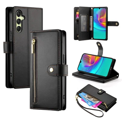 DF-011 For Samsung Galaxy A36 5G Case Zipper Pocket Wallet Leather Phone Cover with Straps - Black