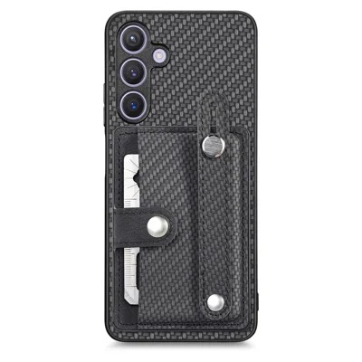 Voor Samsung Galaxy S25 Hoesje Koolstofvezelstructuur Leren Telefoonhoes met Kaarthouder - Zwart