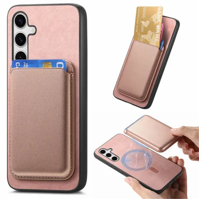 For Samsung Galaxy S25 Case Detachable Magnetic Card Bag Leather Phone Back Cover - Rose Gold