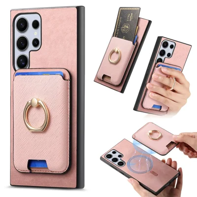 For Samsung Galaxy S25 Ultra Magnetic Case Detachable Card Bag Leather Back Cover with Kickstand - Rose Gold
