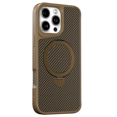 Telefoonhoesje voor iPhone 16 Pro Max met magnetische kickstand TPU + PC koolstofvezel achterkant - Bruin