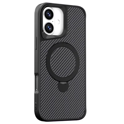 Telefoonhoesje voor iPhone 16 Plus met magnetische standaard TPU+PC koolstofvezel achterkant - Zwart