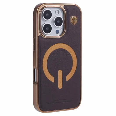 KIGC For iPhone 16 Pro Max Case Compatible with MagSafe Leather+PC+TPU Back Cover - Titanium Gold