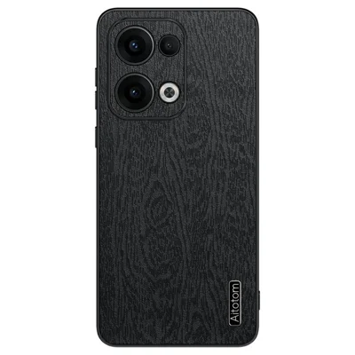For Oppo Reno13 5G (Global) Case Wood Texture PU Leather Coated PC+TPU Phone Cover - Black