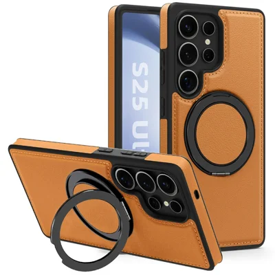 For Samsung Galaxy S25 Ultra Case with Ring Kickstand Magnetic Case PU Leather Back Cover - Brown